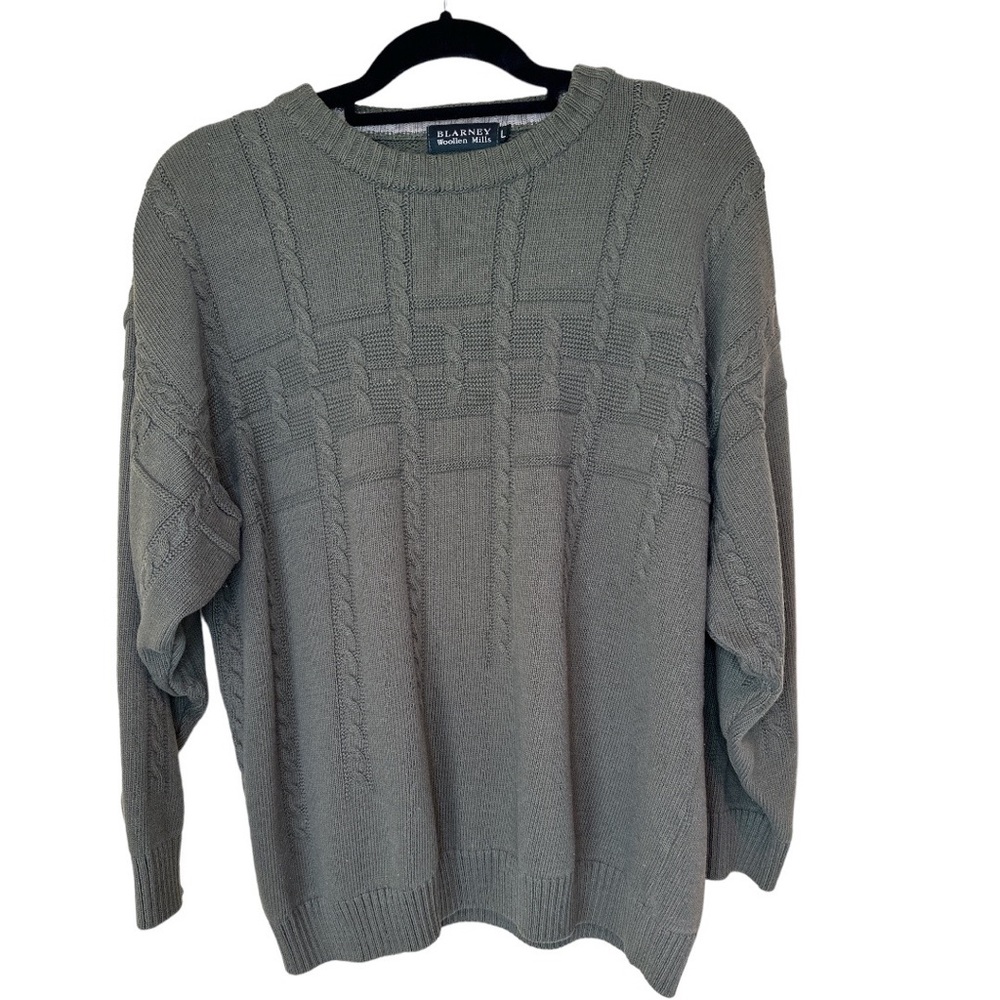 Blarney Woollen Mills Green Sweater Asymmetrical Cable Knit Design Large